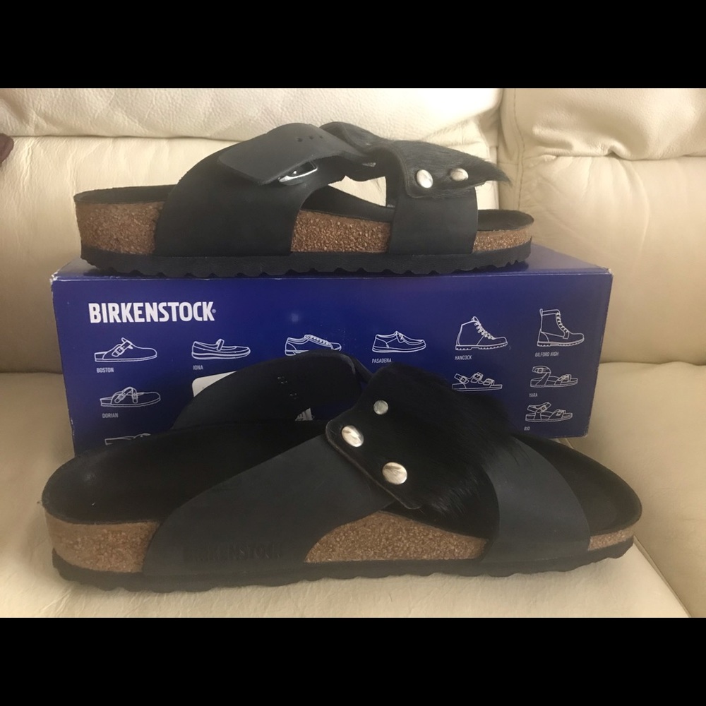 Birkenstock tunis leather fur sandals sz 4… - Picture 5 of 10